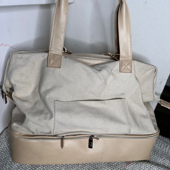 BEIS Handbags - BEIS The Weekender Bag Beige Canvas Faux Leather Travel Tote Shoe Compartme